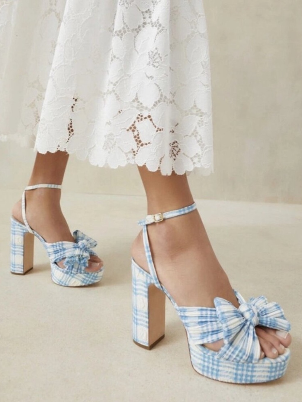 Loeffler Randall Natalia Blue Gingham Bow Platform Heels Size 6